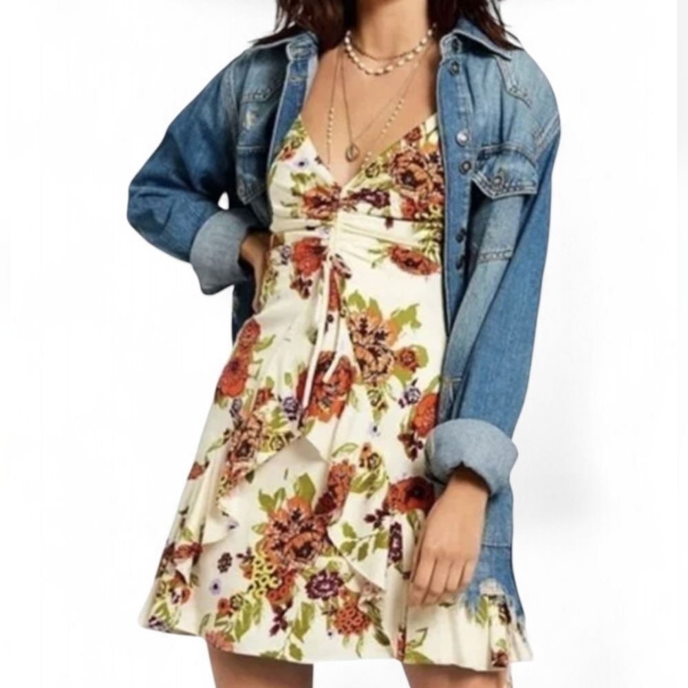 Free People Happy Heart Ruched Floral Mini Dress In Ivory And Orange Size Small